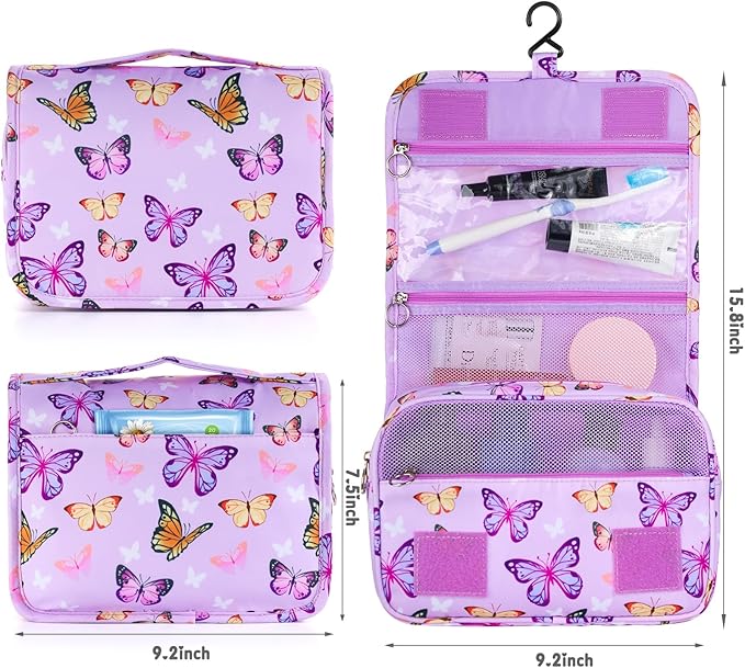 Kids Hanging Toiletry Bag for Girls, Travel Toiletry Bag for Little Young Girls Cosmetic Makeup Waterproof Wash Bag Toddler Traveling Toiletries, Butterfly Purple