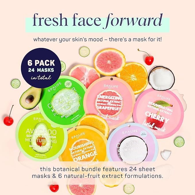 SpaLife Beauty Fruit Facial Sheet Masks 24 Pack – Face Masks Skincare Set – Hydrating Face Masks – 6 Natural Fruit Extract Formulas – Orange, Grapefruit, Coconut, Cherry, Avocado, Cucumber