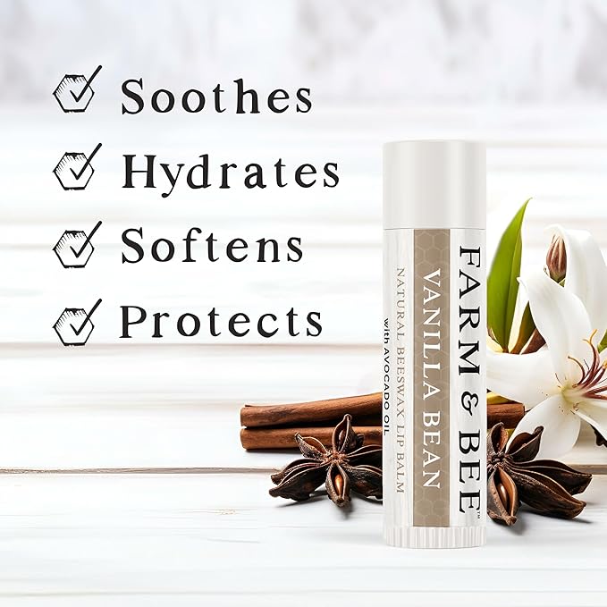 Natural Lip Balm - Organic & Natural Ingredients - Beeswax Based Moisturizing Lip Care Chapstick for Chapped Lips - Great Gift Idea - Farm & Bee - 0.15oz (Pack of 4 - Vanilla Bean)