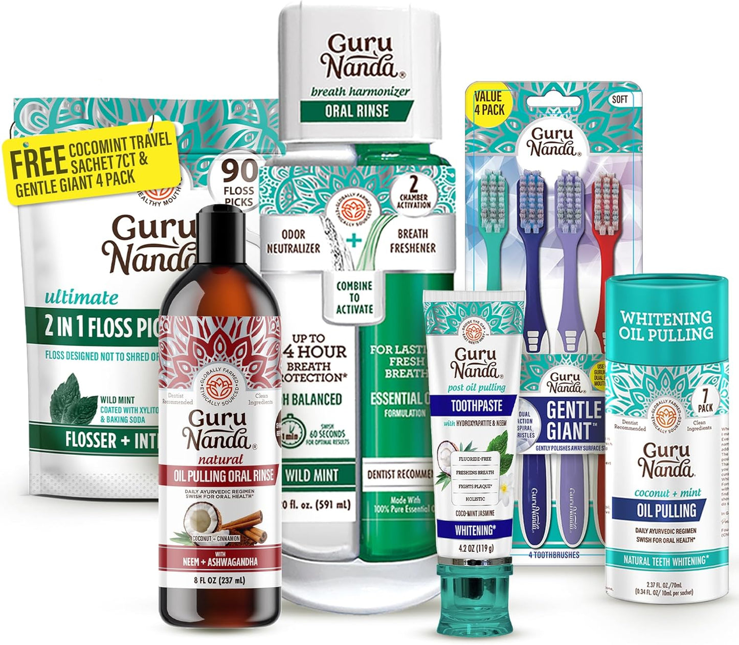 GuruNanda Gum Hygiene Makeover Kit with Ashwagandha & Cocomint (Travel Size) Oil Pulling, Neem Toothpaste, Breath Harmonizer Mouthwash, 2-in-1 Floss Picks & Whitening Toothbrushes