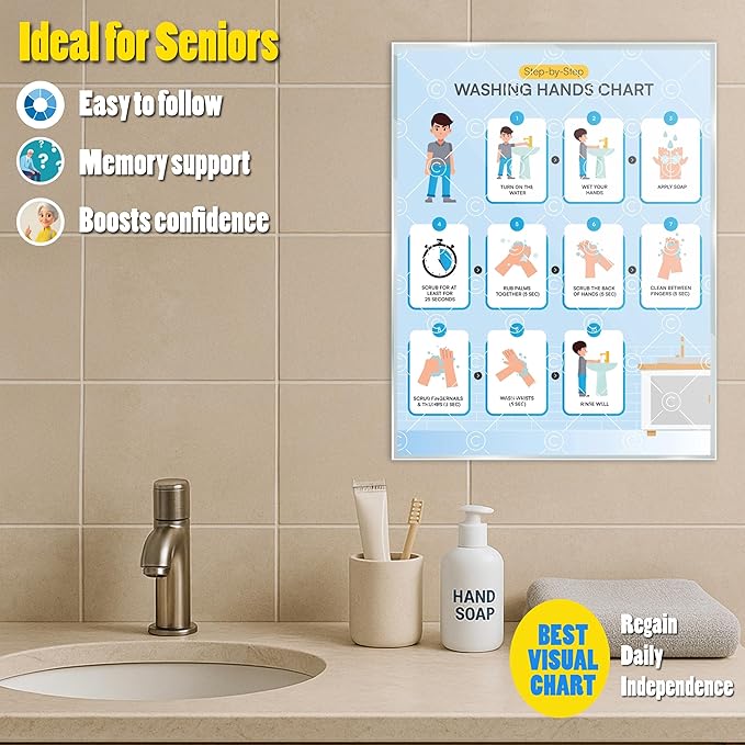 Washing Hands Chart Step by Step Laminated 9x12 Inch for Children Self Care Visual Chart Ideal for Special Needs and Autism (Washing Hands Chart - English)