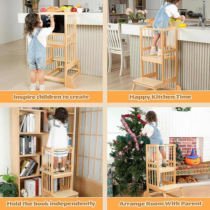 Toddler Tower, Kids Kitchen Step Stool with Safety Rails, Toddler Standing Tower Adjustable Height, Wooden Kitchen Stool for Kids, for Living Room Countertops and Bathroom Sinks(Natural)