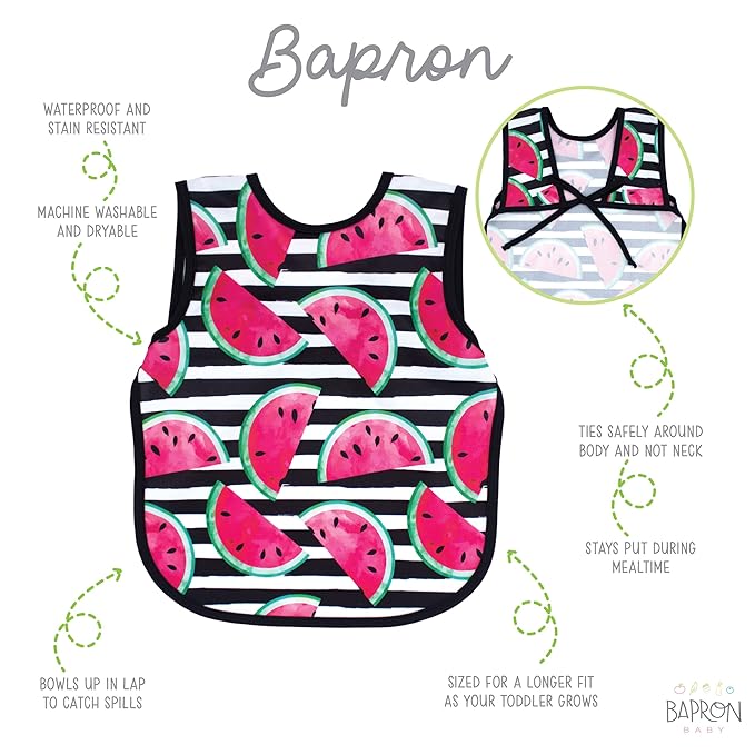BapronBaby Watermelon Stripes Bapron - No Neck Tie Safer Bib for Baby & Toddler - Soft Waterproof Stain Resistant - Machine Washable - Sz Preschool 3-5yrs