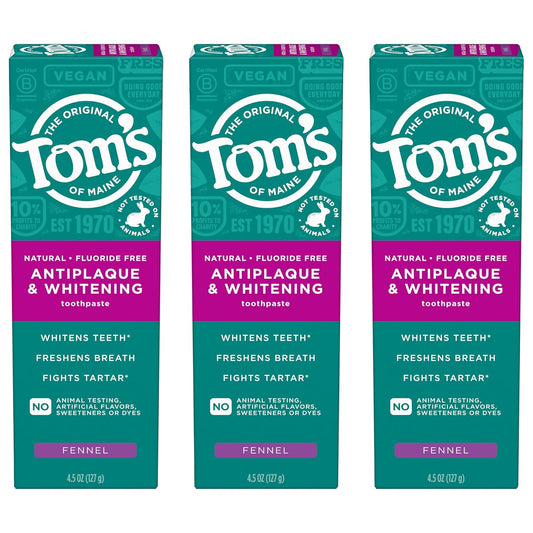 Tom’s of Maine Antiplaque and Whitening Toothpaste, Fluoride Free, Fennel, 3 Pack, 4.5 Oz