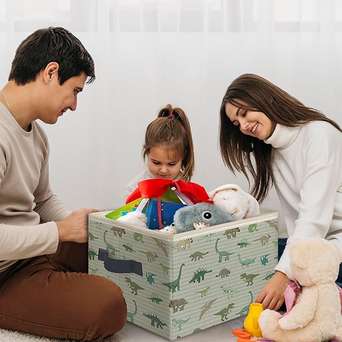 Dinosaur Foldable Storage Bins Box with Handles, Vintage Gray Striped Dinosaurs Collapsible Toys Books Clothes Organizer Basket for Kids Boys Bedroom Bathroom Dorm Nursery