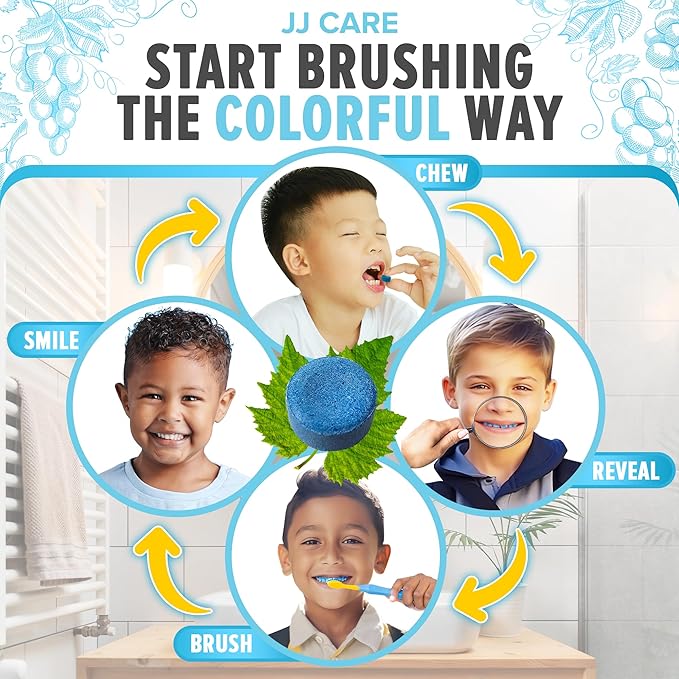 JJ Care Plaque Disclosing Tablets for Teeth - 150 Count, Individually Wrapped Plaque Disclosing Tablets for Kids Brushing Teeth, Grape Flavored Plaque Remover, Dental Care for Brushing