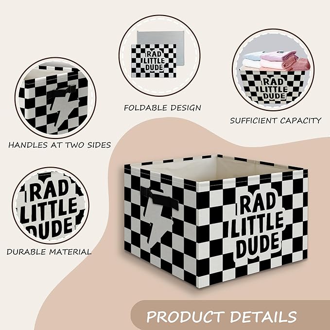 Rad Little Dude Boy Basket Foldable Storage Bins Box with Handles, Black and White Checkered Collapsible Organizer Basket for Kids Boys Bedroom Bathroom Nursery Playroom Clothes Toys Books