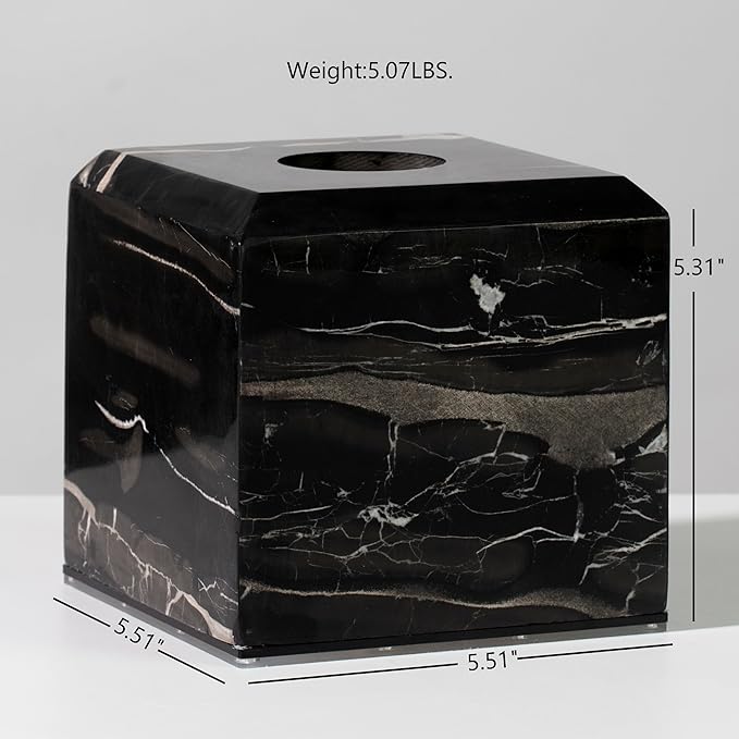 Black Marble Tissue Box Cover for Bathroom, Natural Waterproof Facial Tissue Box, Elegant Square Luxury Heavy Duty Napkin Holder, Toilet Paper Holder for Home Decor, Nightstand, Living Room, Toilet