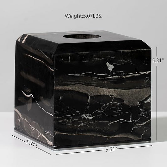 Black Marble Tissue Box Cover for Bathroom, Natural Waterproof Facial Tissue Box, Elegant Square Luxury Heavy Duty Napkin Holder, Toilet Paper Holder for Home Decor, Nightstand, Living Room, Toilet