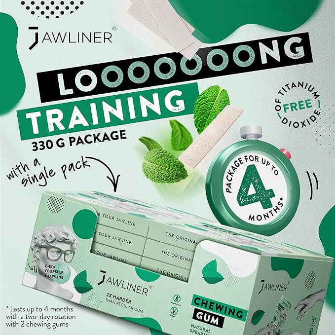 Jawliner® Hard Jwaline Chewing Gum - Sugar Free Spearmint Tough Jaw Gum - Jaw Exerciser Strong Mewing Jawline Mistic Gum - 2x Harder than Regular Chewing Gum 330 Grams (120 Strips)
