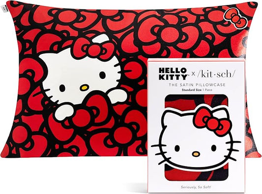 Kitsch x Hello Kitty Sea of Bows - Satin Pillowcase with Zipper for Hair and Skin, Softer Than Silk, Smooth Cooling Pillow Covers, Machine Washable - Queen/Standard Size (19x26)