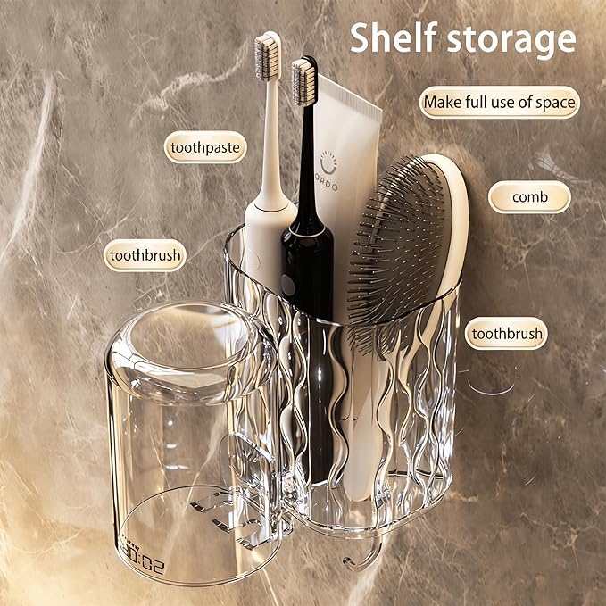 【Two-Piece Set】 Toothbrush Holder, Bathroom Dual-Cup Wall-Mounted Toothbrush Storage Rack, Toiletries Shelf, Bathroom Accessories, Bathroom Decor