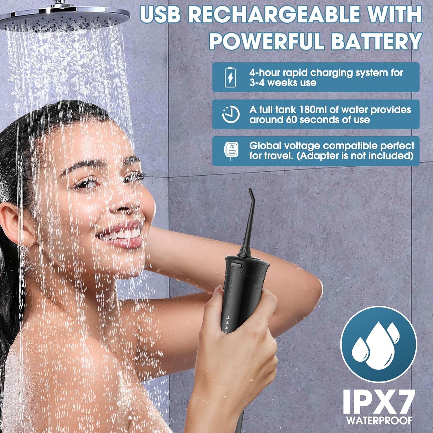 HANGSUN Water Flosser for Teeth - Portable Travel Cordless, 30 Days Battery, Deep Plaque Removal, 4 Adjustable Modes, 6 Nozzles for Sensitive Gums & Braces, IPX7, Telescopic 180ml Tank, Black