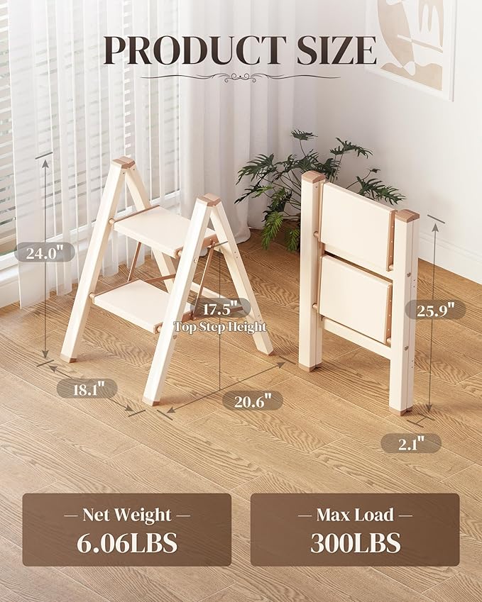 GameGem 2 Step Ladder, Folding Step Stool with Wider Pedal, Anti-Slip Feet & Non Slip Stripes, Aluminum Sturdy Material, 300Lbs Capacity, Elegant Look of Cream Chocolate Better Matches Your Home