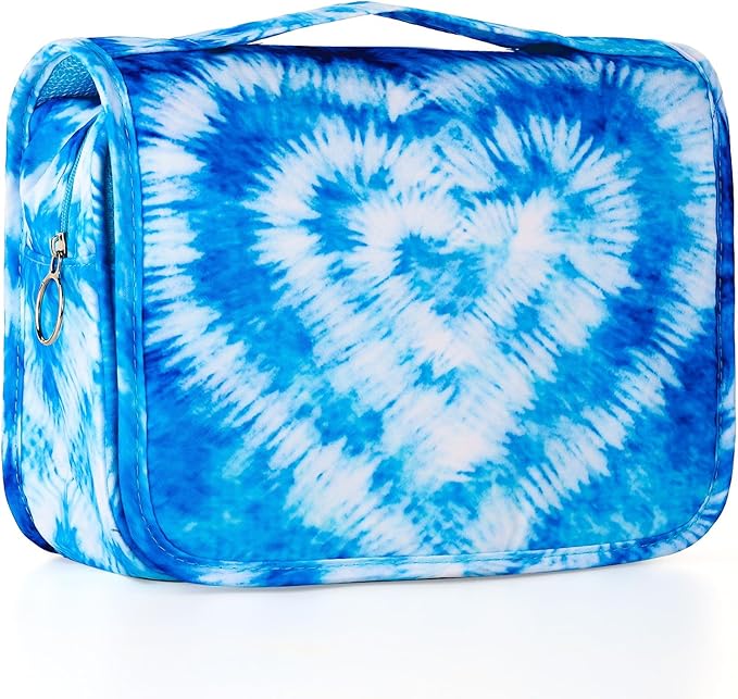 Tie Dye Hanging Toiletry Bag for Girls, Travel Toiletry Bag for Teen Girls Cosmetic Makeup Waterproof Wash Bag Traveling Toiletries, Blue Heart