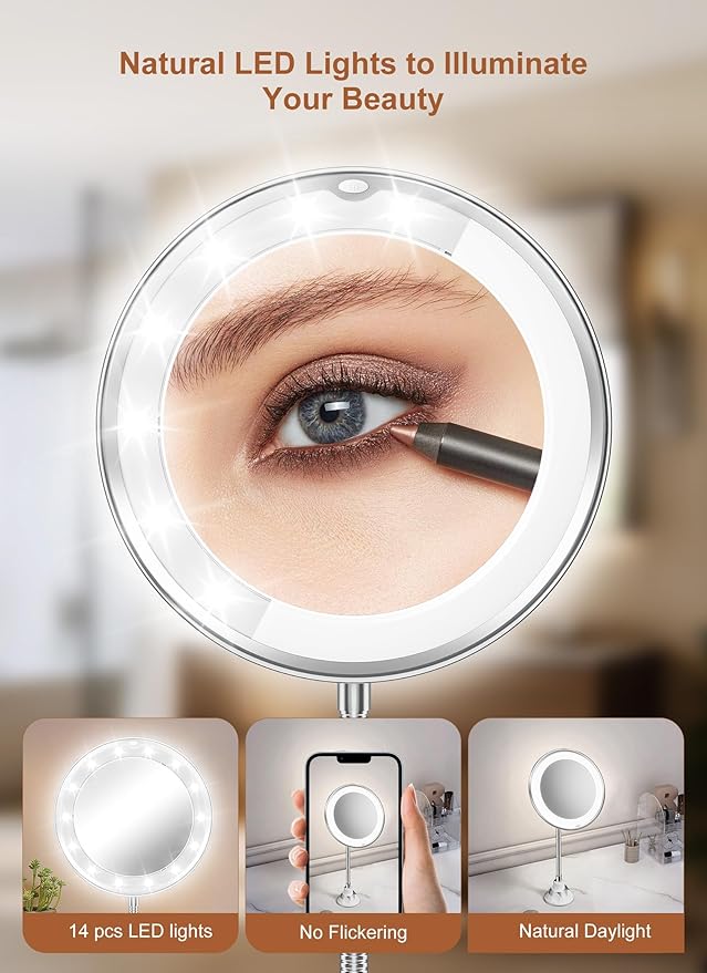 10x Magnifying Mirror with Light, Flexible Gooseneck Make up Mirror with Lights and Magnification, Battery Operated Cordless with Suction Cups for Wall Bathroom