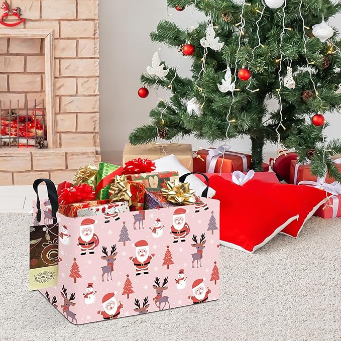 HUNRUNG Rectangle Storage Basket Cute Canvas Organizer Bin for Pet/Children Toys, Books, Clothes Perfect for Rooms/Playroom(REC-Pink Father Christmas)