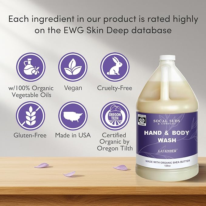 SoCal Suds & Company 128oz Certified Organic Hand & Body Wash w/Shea Butter- Gentle Natural Body,Baby & Face Wash for Sensitive Skin, Moisturizing Thick Castile Soap, Hand Soap and More - Lavender