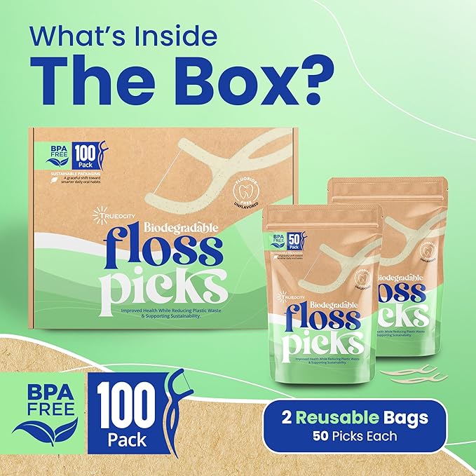 Biodegradable Floss Picks, Natural & Organic Floss Picks, Eco-Friendly Tooth Flossers, Ideal for Adults, Gentle & Effective Flossing, Fresh Breath, Sustainable Oral Care (100 Units)