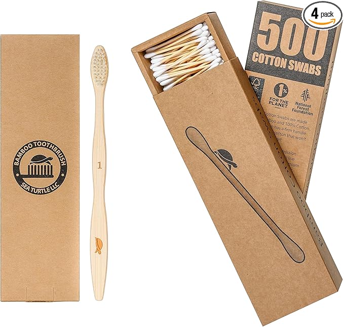 Sea Turtle Bundle Toothbrush and Swabs, Plant-Based Bristles Bamboo Toothbrushes (4 Pack) and Bamboo Cotton Swabs (500 Count)