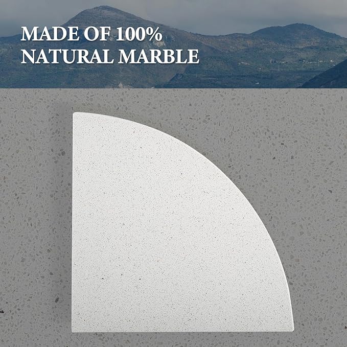 Koville Natural Marble Corner Shower Shelf for Bathroom, 10'' Polished Marble Corner Shelves, Wall Mounted Stone Corner Shower Caddy, No Drilling Adhesive Shelf - White Cliff (No Glue Included)