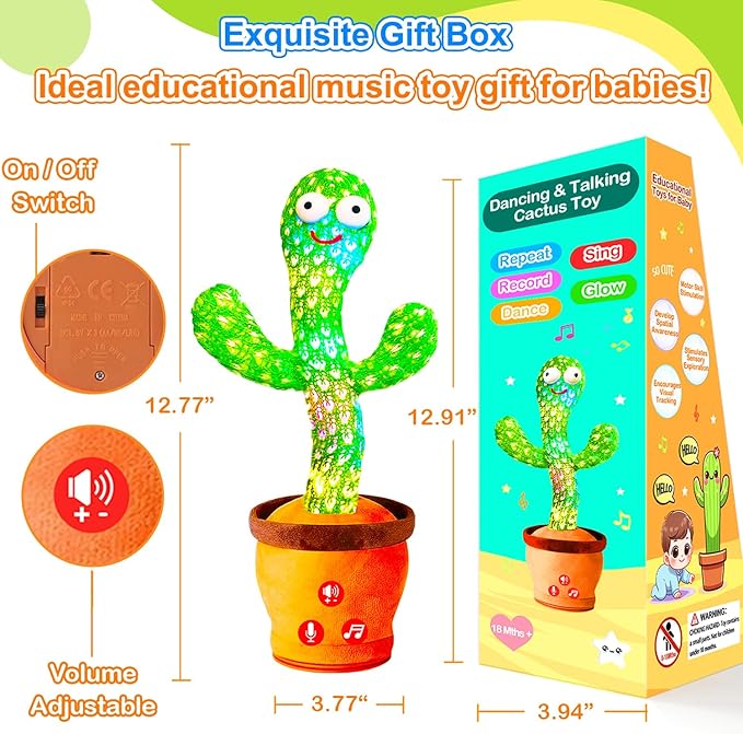 Volume Adjustable Dancing Talking Cactus Toy, Interactive Baby Toys Mimicking Singing Repeating, Kids Baby Toys Gifts for Boys Girls, Xmas Gifts for Grandkids, Stocking Stuffers for Kids