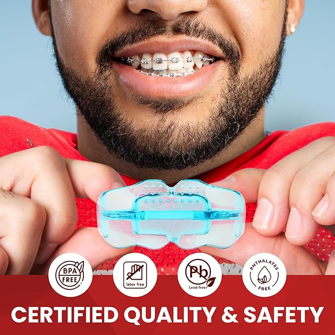 SafeGrin Blue Mouth Guard for Braces for Sports - Premium Silicone Teens & Youth Upper & Lower Teeth Protection for Sports - Football, Lacrosse, Hockey, Baseball