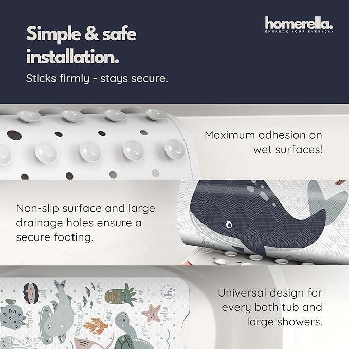 Bath Tub Mat Non Slip Anti Mold for Kids BPA Free INCL Hooks - homerella® Ocean Sea Animals 40x16, Baby Bath Mat Non Slip 200 Suction Cups, Non Toxic Machine Washable Toddler Bath Mat, EU Certified