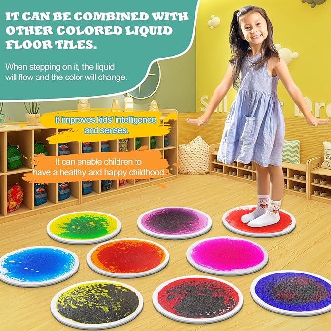 Sensory Circles Mats Liquid Tiles - Pack of 9 Round Sensory Floor Pads for Kids Autism Classroom