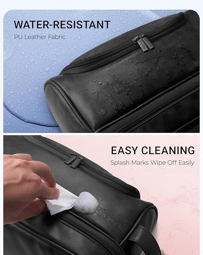 Elviros Toiletry Bag for Mens PU Leather Travel Organizer Kit with Hanging hook, Large Water-resistant Toiletries Bathroom Shaving Bags (Black)