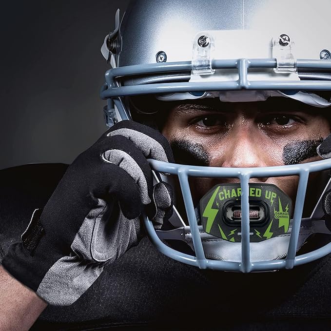 DAMAGE CONTROL Youth Football Mouth Guard – Breathable No Boil Mouthpiece, Protects Lips & Teeth, Works with Braces, Includes Helmet Strap – Sports Gear & Accessories (Charged Up)