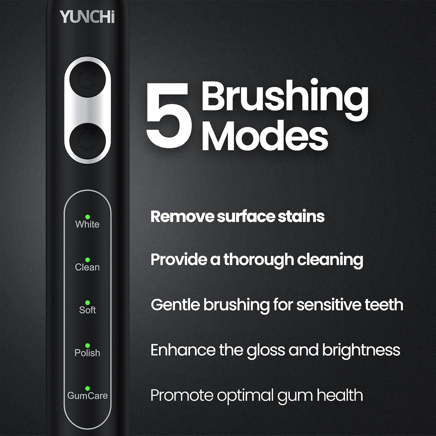 YUNCHI Electric Toothbrush for Adults and Kids, Rechargeable Sonic Electric Tooth Brush with 8 Brush Heads, 90 Days, 5 Models & 2 Minutes Smart Timer, Travel Case, 44000 VPM Motor, Black