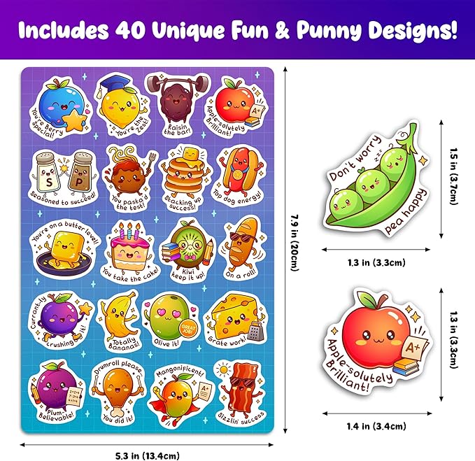 Punny Reward Stickers for Kids & Teachers – 800 Cute Food-Pun Stickers, 40 Unique Designs, 40 Sheets, Classroom Incentives for Homework, Behavior Charts, Homeschool Rewards – Mochi Momo