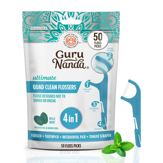 GuruNanda Quad Clean Floss Picks 4-in-1 with Tongue Scraper, Interdental Pik & Toothpick, Non-Shred Dyneema Thread, with Xylitol & Baking Soda, 50ct