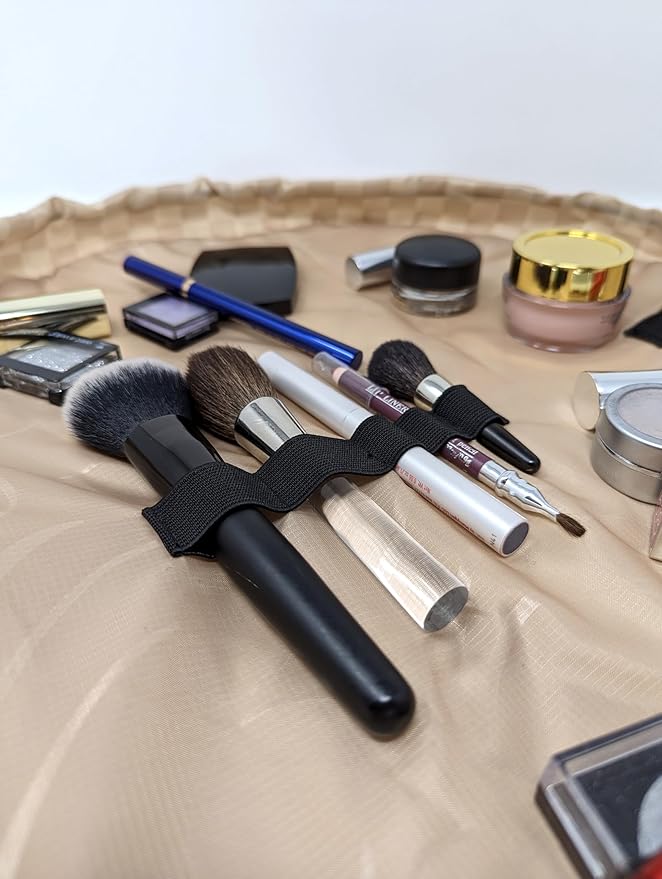 Lay-n-Go Cosmo Layflat Drawstring Cosmetic & Makeup Bag Organizer - Portable Drawstring Bag w/Zipper Pocket, Makeup Loops & More - Durable, Machine Washable Toiletry Bag for Travel (20", Checked)