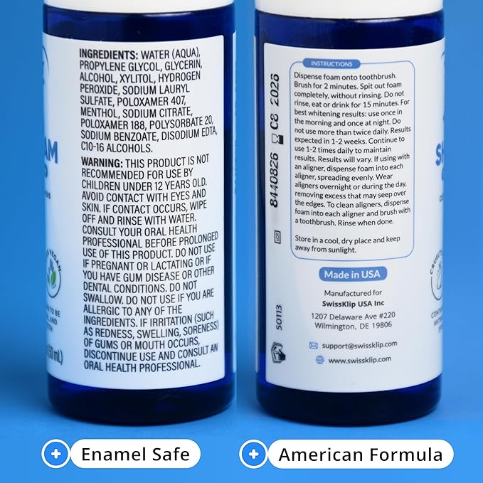 Swissklip ShineFoam | Teeth Whitening Foam | Mint Flavor Whitening Toothpaste | Teeth Whitener I Professional Teeth Whitening Kit | 100% Vegan - Made in USA - 1.69 oz - Pack 3