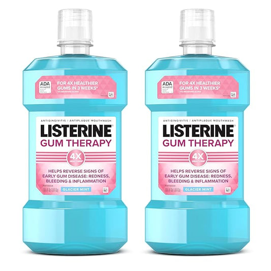 Listerine Gum Therapy Antiplaque & Anti-Gingivitis Mouthwash, Oral Rinse to Help Reverse Signs of Gingivitis Like Bleeding Gums, ADA Accepted, Glacier Mint, Twin Pack, 2 x 1 L