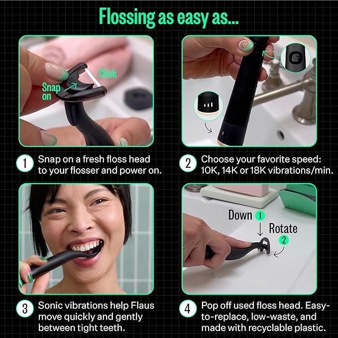 FLAUS Electric Flosser (Oprah's List, Shark Tank) 3 Speeds + 135 Refill Heads Variety Pack (Extra Strong Woven & Gentle Gliding) Water Flosser Alternative, Dentist Tooth Flossers Dental Floss Picks