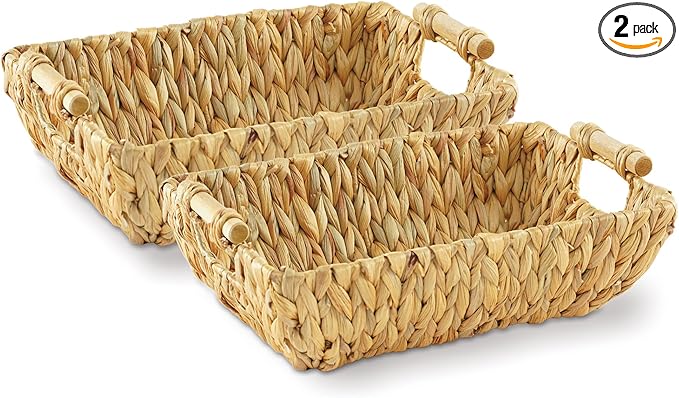 Greenatural Water Hyacinth Storage Baskets Set of 2, 15x10.75x5 in Handwoven Rectangular Organizers with Wooden Handles, Wicker Baskets for Shelf, Bathroom, Kitchen, Office, Natural Home Decor