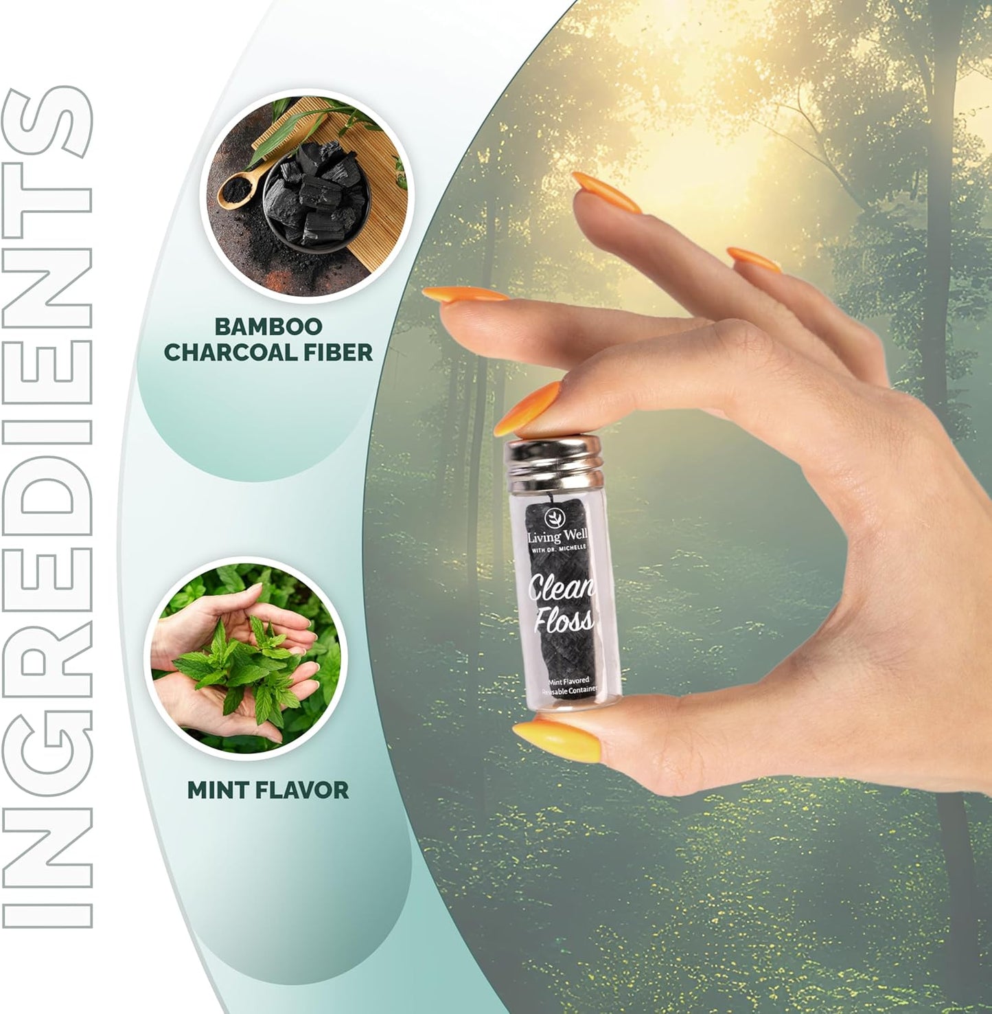 Living Well Bamboo Charcoal Dental Floss – Natural, Vegan, Biodegradable, PFAS-Free – Eco-Friendly Floss with Glass Jar – Zero Waste Oral Care