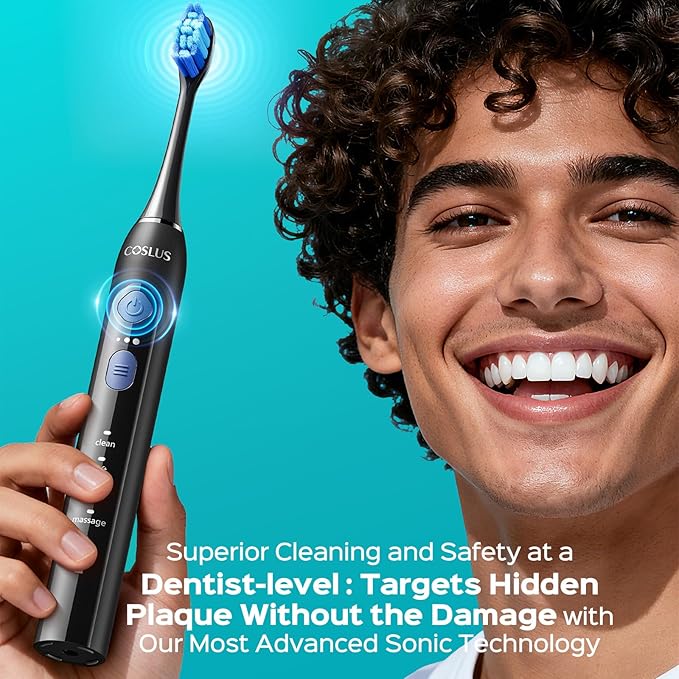 COSLUS Sonic Electric Toothbrush for Adults: 3 Intensities & 5 Modes Gum-Friendly for Deep Cleaning & Whitening - 2 Types of Heads for Family, Sensitive Teeth, Braces, Travel & Home Use, Black