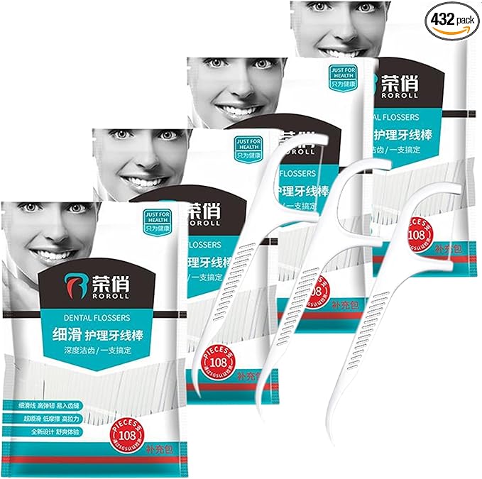 Dental Floss Picks - 4 Packs, 108pcs/bag, Bulk Flossing Picks for Adults - Portable Refillable Toothpick - Unflavored, Soft Plastic - Ideal for Braces - Dental Flosser and Toothpick Combo!