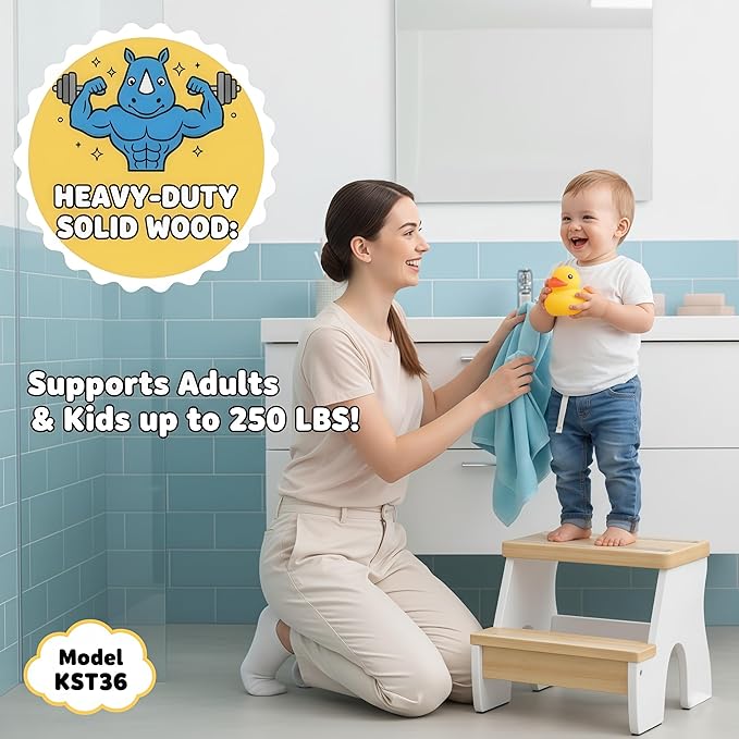 KST36 Wooden Step Stool - 250LBS Load, Non - Slip Water - Resistant Foot Stool for All Ages, Bathroom & Kitchen (White & Natural Wood, Two Step)