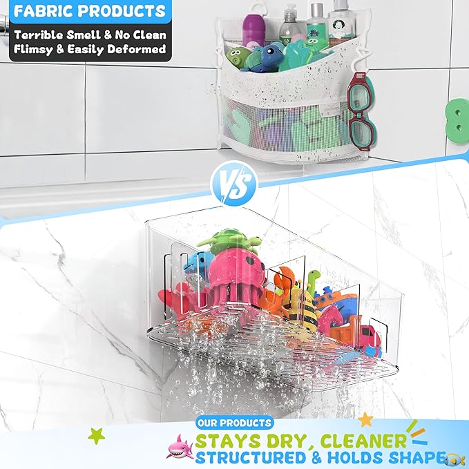 Lysam Bath Toy Storage 2 Packs, Large Bath Toy Holder with 3 Compartment, Quick Dry Bathtub Toy Organizer, Bath Tub Toy Net, Shower Toy Basket & Bin, Bathroom Accessories for Baby,Toddler,Kids（Clear）