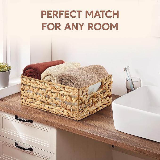 Greenatural Water Hyacinth Storage Baskets Set of 2, Handwoven Rectangular Organizer Trays with Liners, Rattan Wicker Bins with Handles, Storage Organizers for Shelf, Bathroom, Kitchen, Office