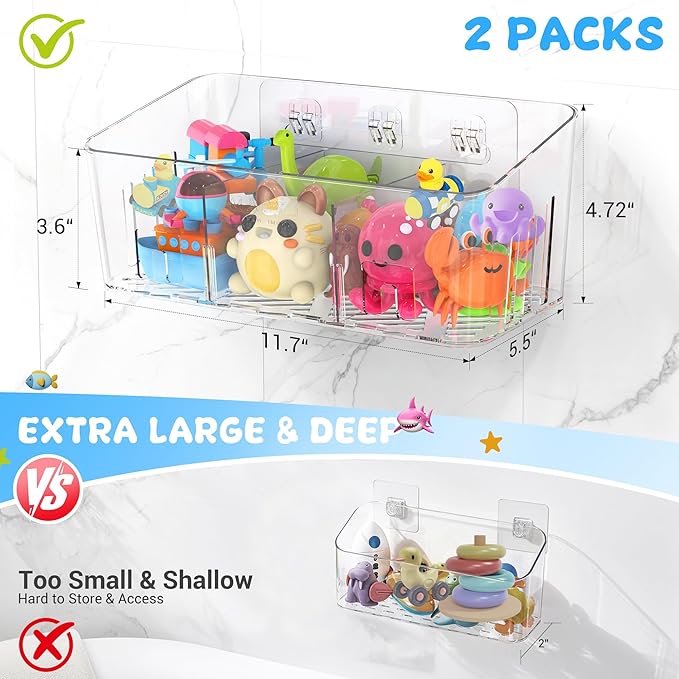 Lysam Bath Toy Storage 2 Packs, Large Bath Toy Holder with 3 Compartment, Quick Dry Bathtub Toy Organizer, Bath Tub Toy Net, Shower Toy Basket & Bin, Bathroom Accessories for Baby,Toddler,Kids（Clear）