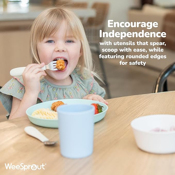 WeeSprout Toddler Utensils, 3 Forks & 3 Spoons, 18/8 Stainless Steel & Food Grade Silicone, Thick Easy-Grip Handles, Perfect Length For New Self Feeders, Gentle On Gums & Teeth, Dishwasher Safe