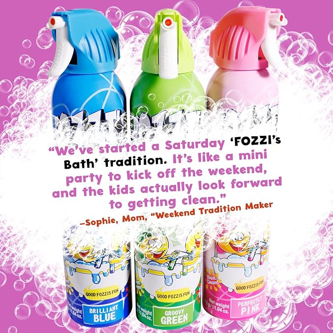 FOZZI’S Mixed Bath Foam Soap for Kids (3 Pack) - Fun Aerosol Spray - Squishy Bubble Soap for Playtime - Gentle Cleanser Foaming Body Wash - Safe Bath Fun for Everyday Wash
