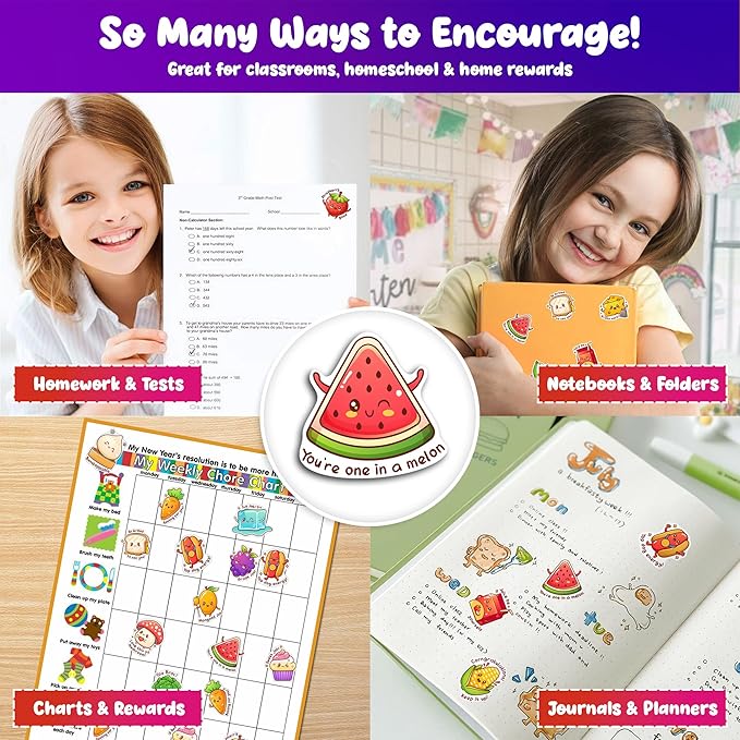 Punny Reward Stickers for Kids & Teachers – 800 Cute Food-Pun Stickers, 40 Unique Designs, 40 Sheets, Classroom Incentives for Homework, Behavior Charts, Homeschool Rewards – Mochi Momo