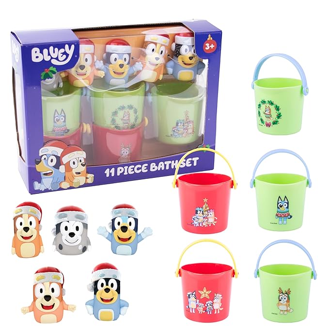 Bluey Holiday Bath Toys - 11 pc Bath Value Set, Bath Toys, Finger Puppets, Rinse Cups, Foam Pump, Bath squirters